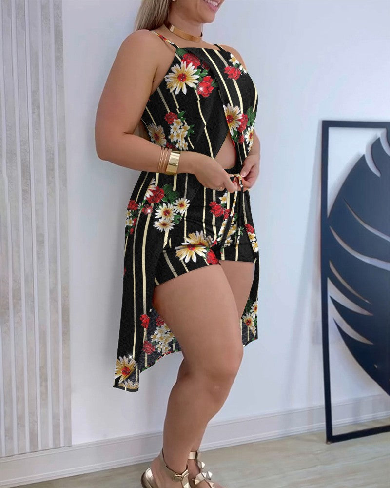 2 Pieces Outfit Floral Print Halter Sleeveless Criss Cross Top and Casual Shorts Set
