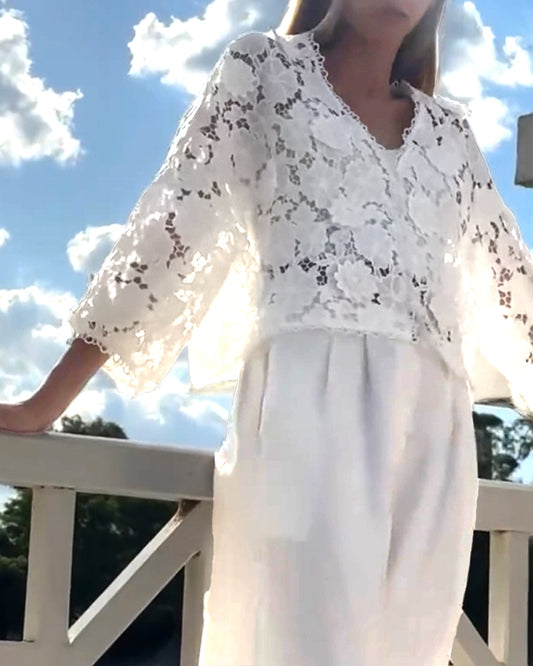 3D Flower Hollow Out Lace Trim V Neck Blouse Casual Loose Fit Top