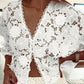 3D Flower Hollow Out Lace Trim V Neck Blouse Casual Loose Fit Top
