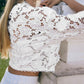 3D Flower Hollow Out Lace Trim V Neck Blouse Casual Loose Fit Top