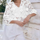 3D Flower Hollow Out Lace Trim V Neck Blouse Casual Loose Fit Top