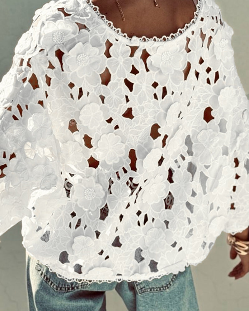 3D Flower Hollow Out Lace Trim V Neck Blouse Casual Loose Fit Top