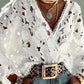 3D Flower Hollow Out Lace Trim V Neck Blouse Casual Loose Fit Top