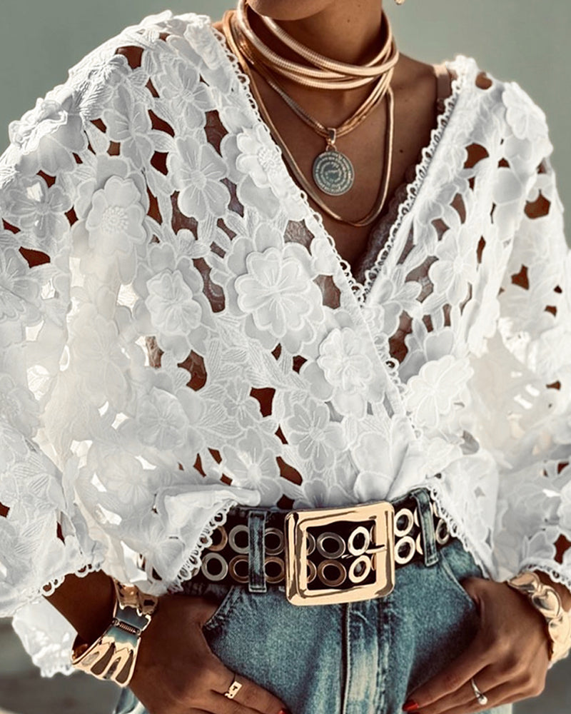 3D Flower Hollow Out Lace Trim V Neck Blouse Casual Loose Fit Top