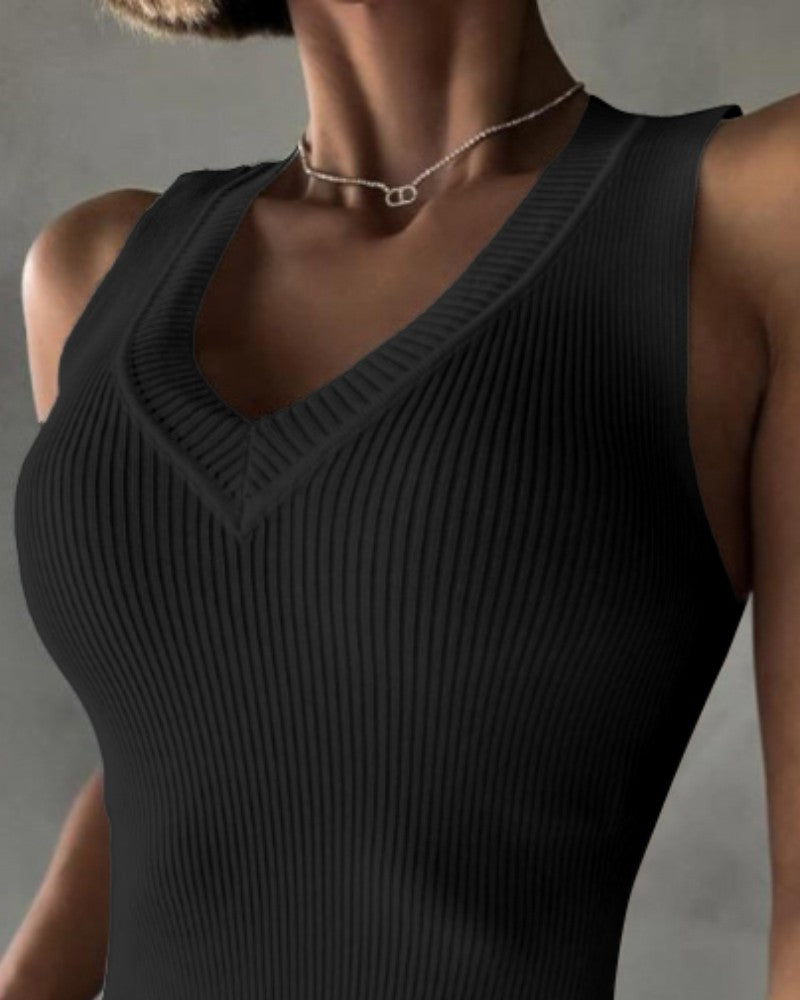 V Neck Sleeveless Bodysuit Sexy Slim Fit Ribbed Tank Body Suits