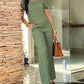 2 Pieces Outfit Round Neck Short Sleeve Top and Casual High Waist Pants Set With Pockets