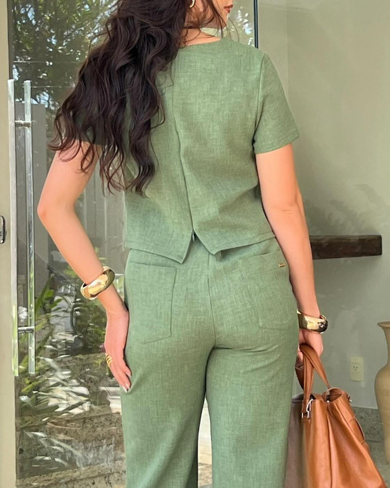 2 Pieces Outfit Round Neck Short Sleeve Top and Casual High Waist Pants Set With Pockets
