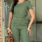 2 Pieces Outfit Round Neck Short Sleeve Top and Casual High Waist Pants Set With Pockets
