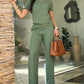 2 Pieces Outfit Round Neck Short Sleeve Top and Casual High Waist Pants Set With Pockets