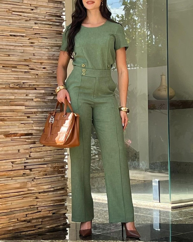 2 Pieces Outfit Round Neck Short Sleeve Top and Casual High Waist Pants Set With Pockets