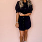 Black Button Up Tie Waist Puff Sleeve Mini Dress