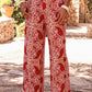 Red Paisley Printed Buttoned High Waist Straight Leg Pants