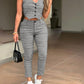 2 Pieces Plaid Print V Neck Button Front Sleeveless Tank with Lining and Casua Strechy Waist Pocket Design Slim Fit Pants Set