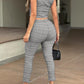 2 Pieces Plaid Print V Neck Button Front Sleeveless Tank with Lining and Casua Strechy Waist Pocket Design Slim Fit Pants Set