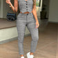 2 Pieces Plaid Print V Neck Button Front Sleeveless Tank with Lining and Casua Strechy Waist Pocket Design Slim Fit Pants Set