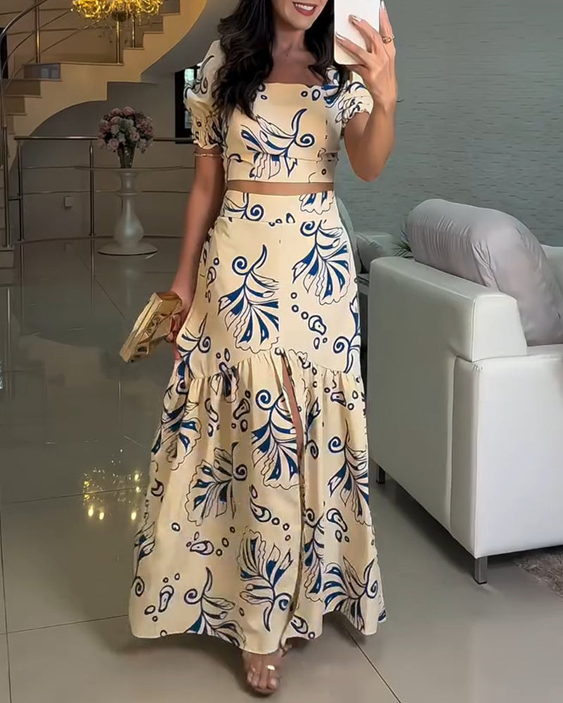 2 Pieces Outfit Floral Print Square Neck Puff Sleeve Crop Top and Casual A Line Ruffles Skirt Set