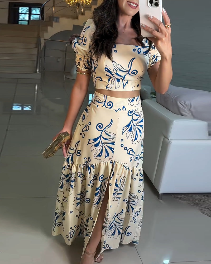 2 Pieces Outfit Floral Print Square Neck Puff Sleeve Crop Top and Casual A Line Ruffles Skirt Set
