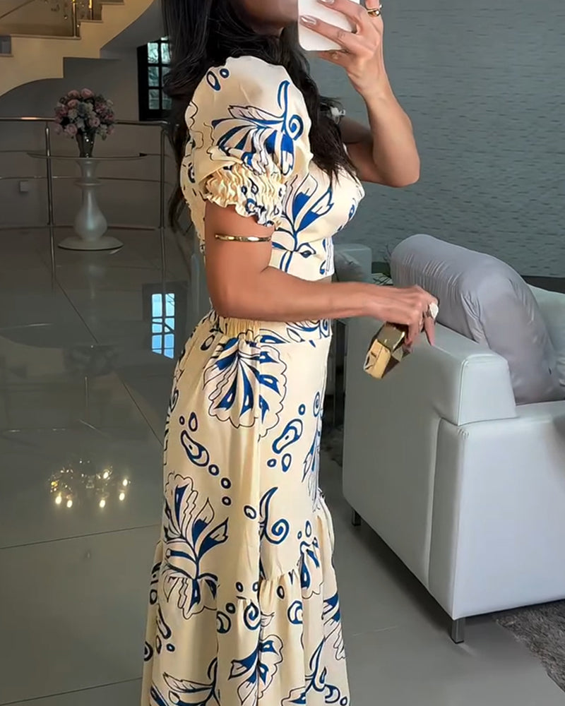 2 Pieces Outfit Floral Print Square Neck Puff Sleeve Crop Top and Casual A Line Ruffles Skirt Set