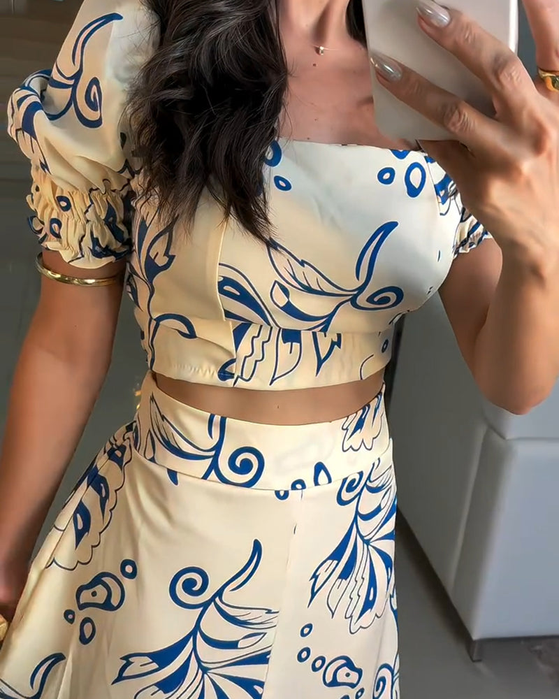 2 Pieces Outfit Floral Print Square Neck Puff Sleeve Crop Top and Casual A Line Ruffles Skirt Set