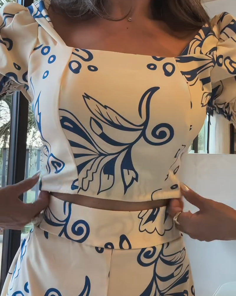 2 Pieces Outfit Floral Print Square Neck Puff Sleeve Crop Top and Casual A Line Ruffles Skirt Set