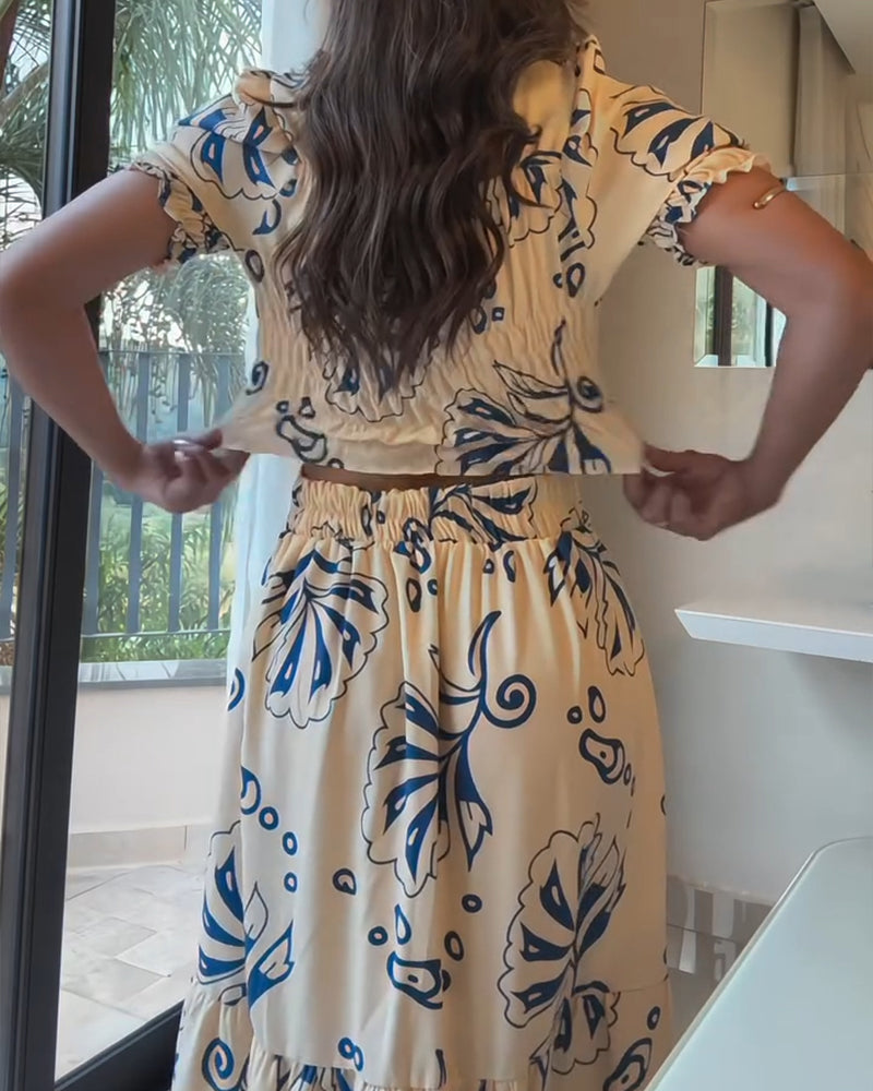 2 Pieces Outfit Floral Print Square Neck Puff Sleeve Crop Top and Casual A Line Ruffles Skirt Set