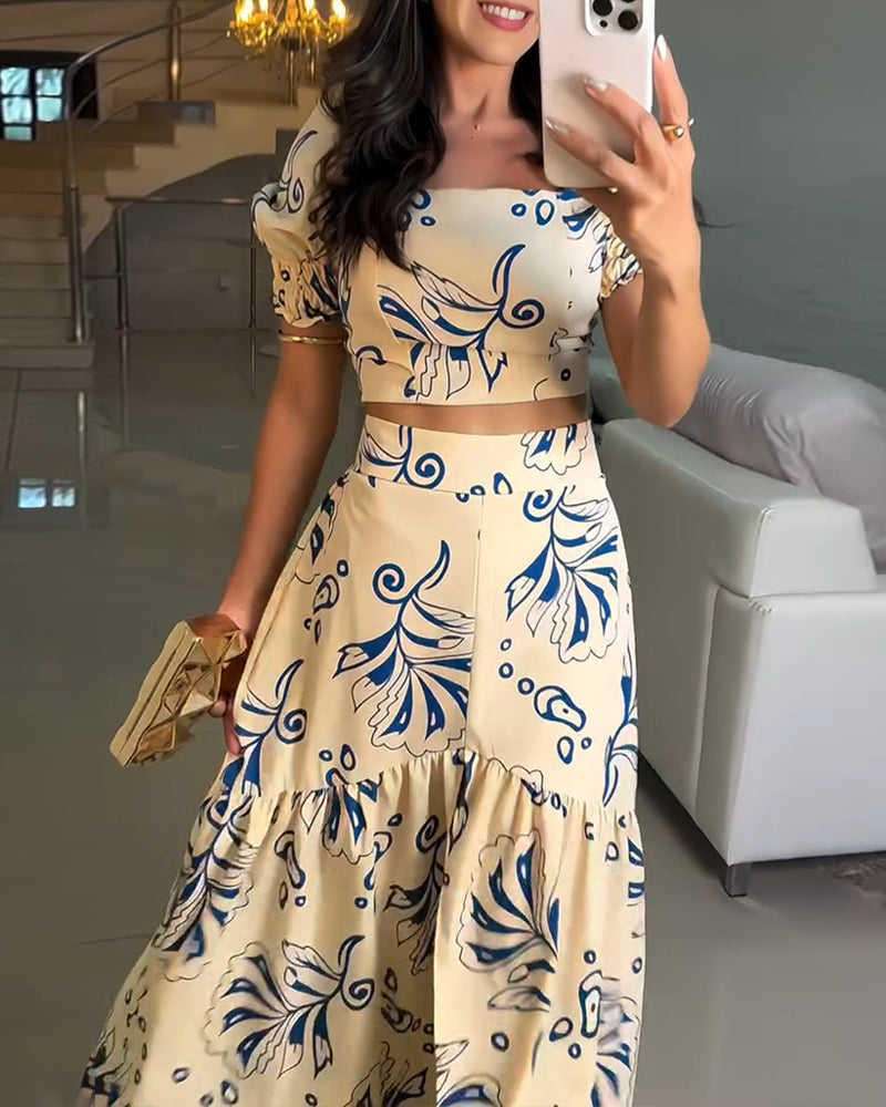 2 Pieces Outfit Floral Print Square Neck Puff Sleeve Crop Top and Casual A Line Ruffles Skirt Set