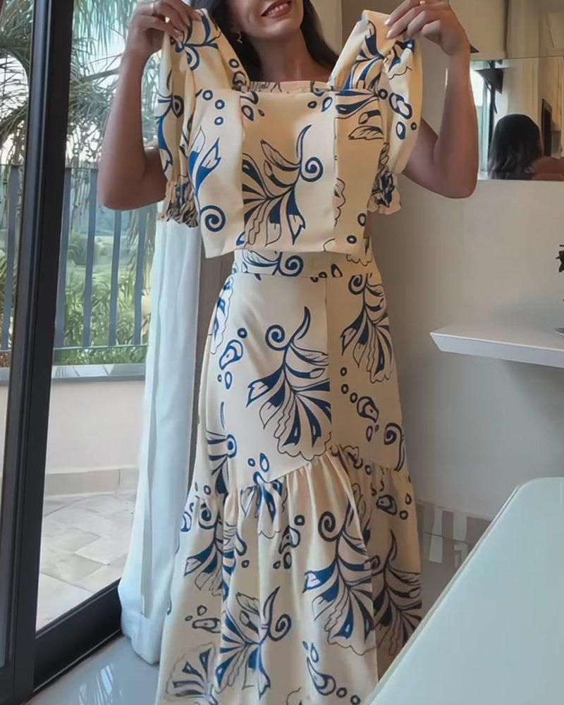 2 Pieces Outfit Floral Print Square Neck Puff Sleeve Crop Top and Casual A Line Ruffles Skirt Set