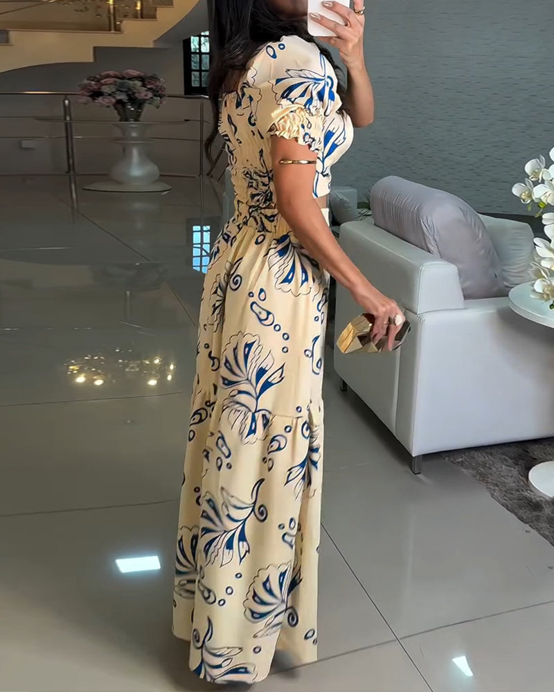 2 Pieces Outfit Floral Print Square Neck Puff Sleeve Crop Top and Casual A Line Ruffles Skirt Set