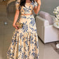 2 Pieces Outfit Floral Print Square Neck Puff Sleeve Crop Top and Casual A Line Ruffles Skirt Set