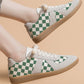 Sea Green Checkered PU Leather Lace-up Flat Shoes