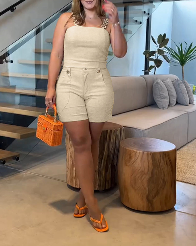 2 Pieces Outfit Shoulder Strap Shirred Sim Fit Tank and Pocket Design Skinny Shorts Set