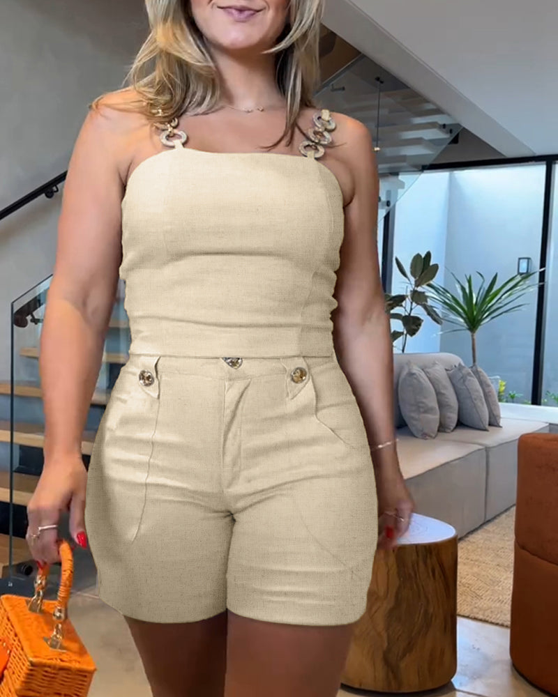 2 Pieces Outfit Shoulder Strap Shirred Sim Fit Tank and Pocket Design Skinny Shorts Set