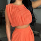 2 Pieces Round Neck Sleeveless Ruched Crop Top and Casual Loose Fit Pants Set