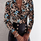 Leopard Butterfly Print V neck Long Sleeve Slim Fit Blouse Casual Top