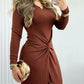 Long Sleeve Waist Twist Bodycon Slit Dress Casual Slim Fit Midi Dress