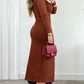 Long Sleeve Waist Twist Bodycon Slit Dress Casual Slim Fit Midi Dress