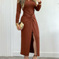 Long Sleeve Waist Twist Bodycon Slit Dress Casual Slim Fit Midi Dress