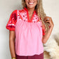 Pink Floral Embroidered Notch V Neck Puff Sleeve Babydoll Blouse