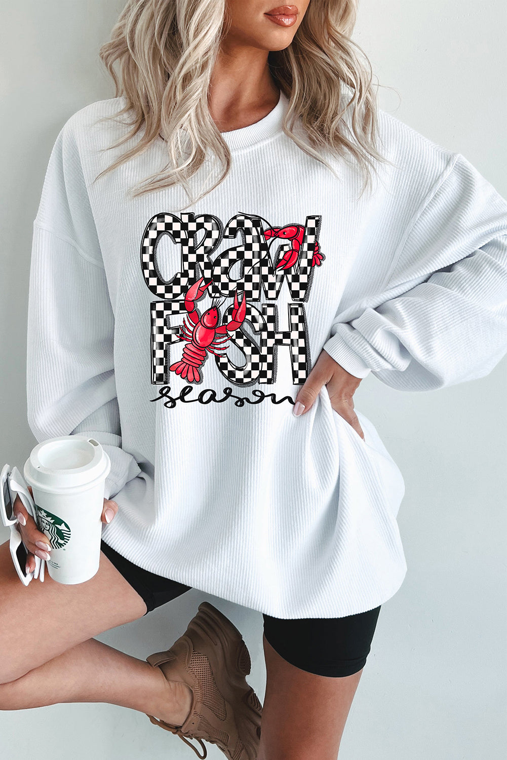 White Crawfish Season Checkered Letter Graphic Corded Sweatshirt