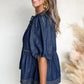 Sail Blue Puff Sleeve Lace-up Neckline Splicing Denim Blouse