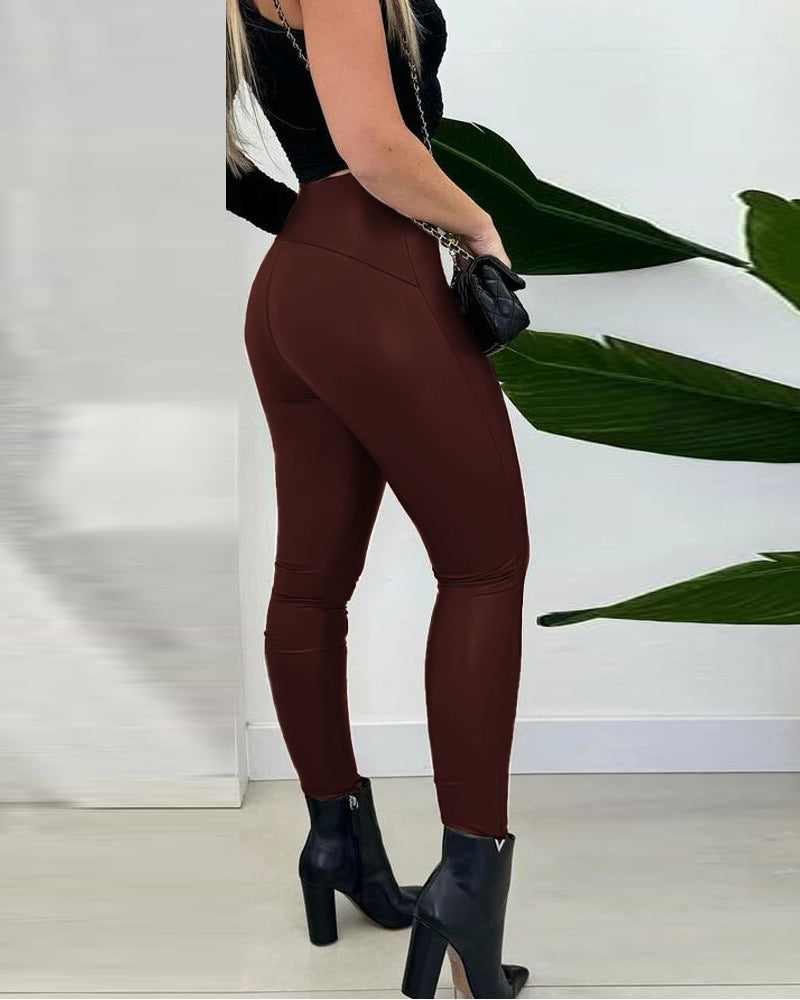 ChicMe CurveEase PU Leather Leggings High Waist Curved Fleece Lined Tights Casual Pants