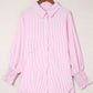Pink Smocked Cuffed Striped Boyfriend Shirt with Pocket