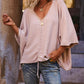 V Neck Three Quarters Sleeve Sweater Casual Loose Drawstring Knit Top