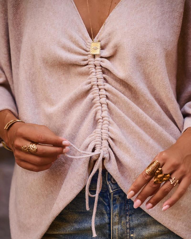 V Neck Three Quarters Sleeve Sweater Casual Loose Drawstring Knit Top