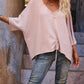 V Neck Three Quarters Sleeve Sweater Casual Loose Drawstring Knit Top