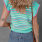 Green Colorful Striped Eyelet Knit Ruffled Sleeve Sweater T Shirt