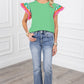Light Green Contrast Ricrac Floral Sleeve Top