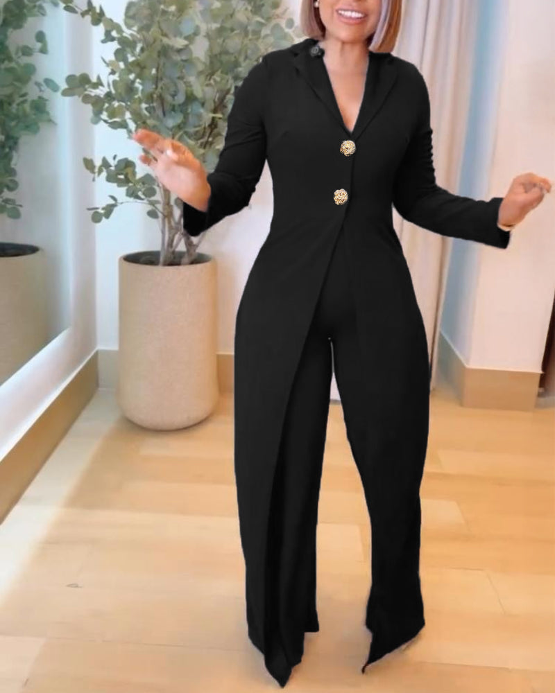 Notched Collar Long Sleeve Button Front Jumpsuit Casual Cinched Waist Wide Leg Faux Two Piece Jumpsuit