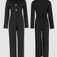 Notched Collar Long Sleeve Button Front Jumpsuit Casual Cinched Waist Wide Leg Faux Two Piece Jumpsuit