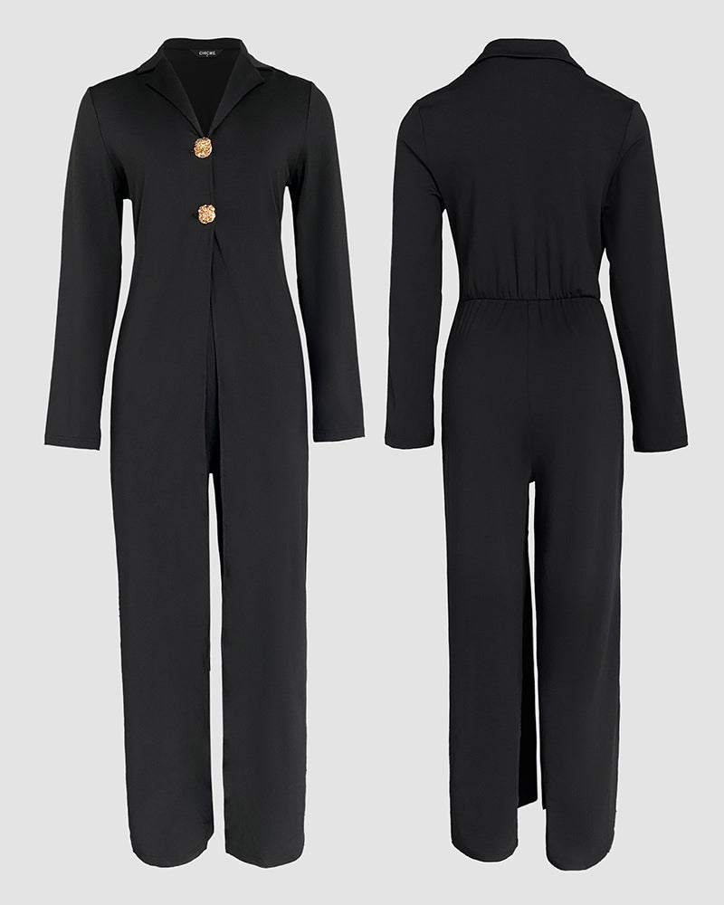 Notched Collar Long Sleeve Button Front Jumpsuit Casual Cinched Waist Wide Leg Faux Two Piece Jumpsuit